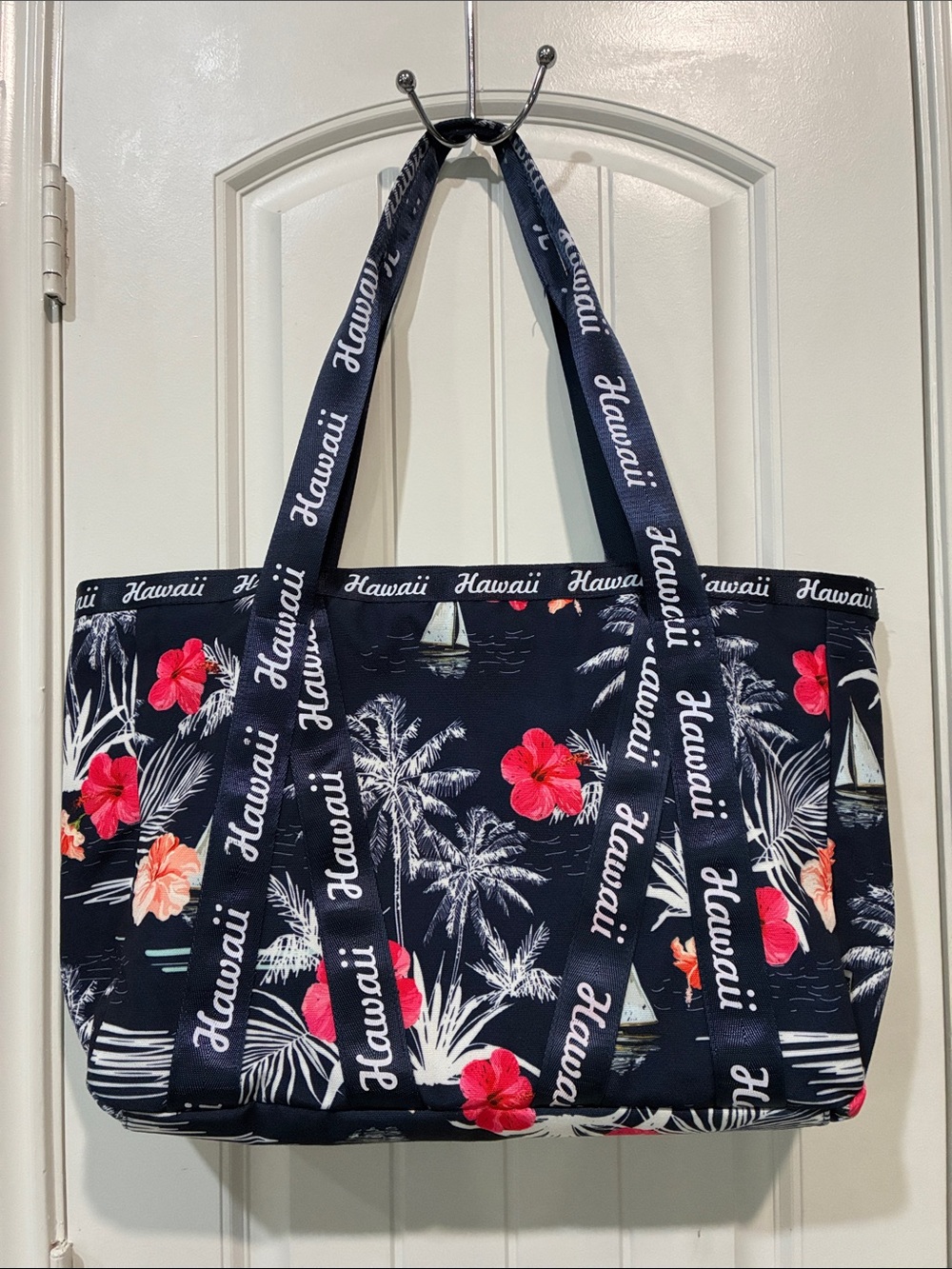 Navy Floral Hawaii Tote Bag with Pink Accents